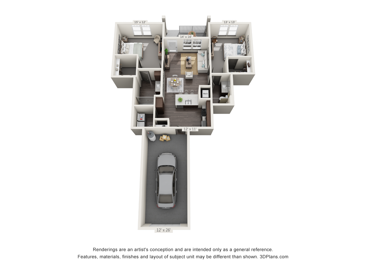 Floor plan for 2 beds, 2 baths, 1089 sqft